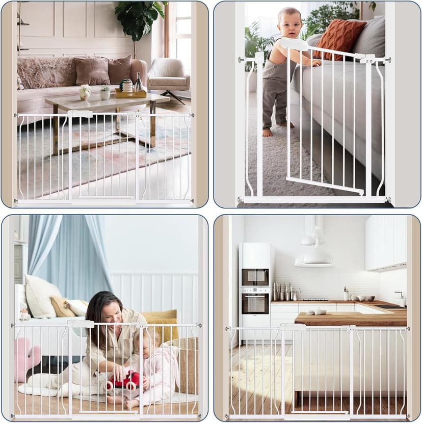 Extra Wide Baby Gate 62.2-66.9 Pressure Mounted,Child Dog Pet Safety Gates with Walk Through Door for Doorways Stairs No Drilling in Door,White