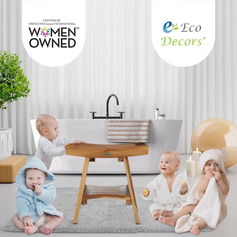 EcoDecors 18 Inch Serenity 300 Pound Capacity Waterproof Teak Wood Shower Bench Stool Seat Chair For Inside Shower Storage Shelf Provides Safety, and Storage, For Bathroom Accessories Natural Color
