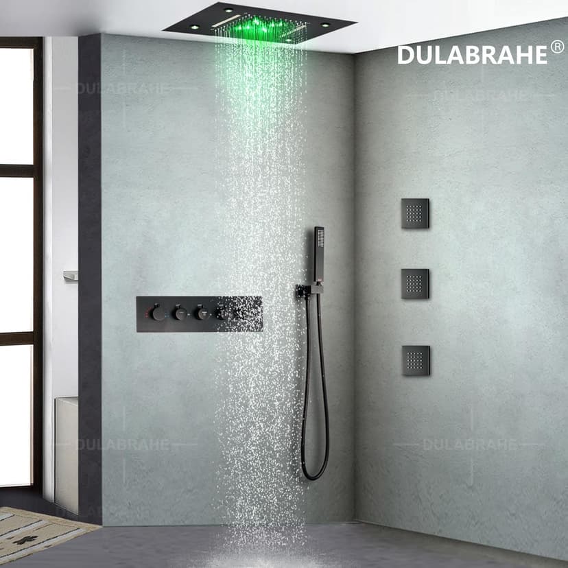 14 X 20 Inch Ceiling LED Rain Shower Head With Body Jets Large Luxury Rainfall Shower System Thermostatic Mixer Set Kit Included (Oil Rubbed Bronze)