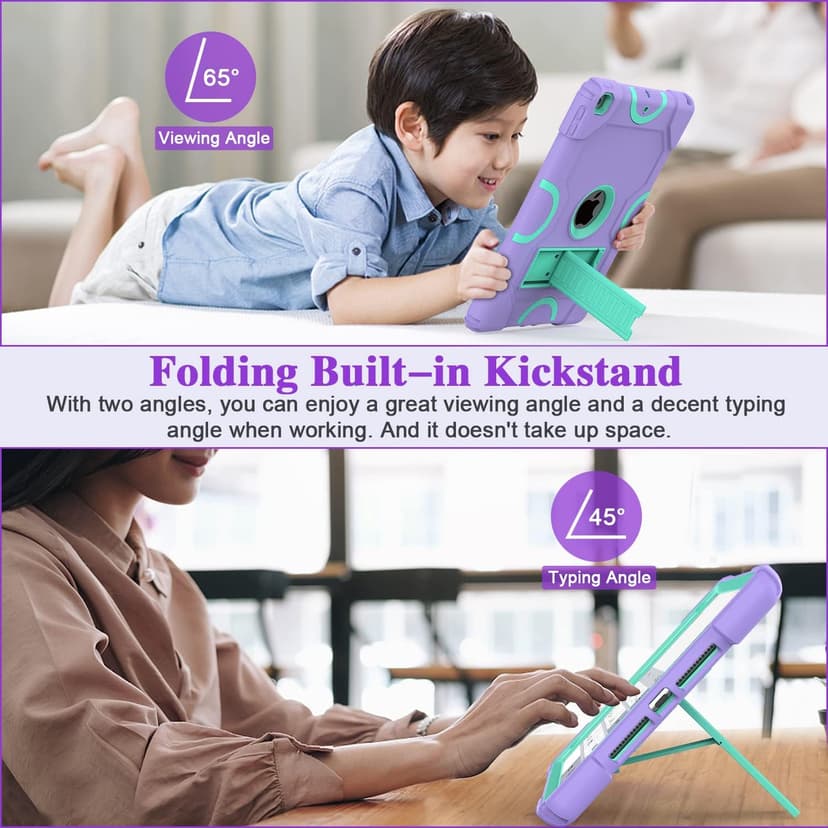for iPad 9th Generation Case, iPad 8th 7th Generation Case, iPad 10.2 Inch 2021/2020/2019 Case, Heavy Duty Rugged Shockproof Protective Cover with Kickstand for Kids Boys Girls Purple/Green