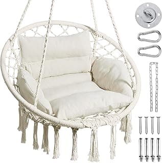 Greenstell Hammock Chair, Macrame Swing Chair with Comfy Cushion, Boho Hanging Chair for Outdoor & Indoor, Perfect for Bedroom, Patio, Balcony, Hold up to 330Lbs, Beige