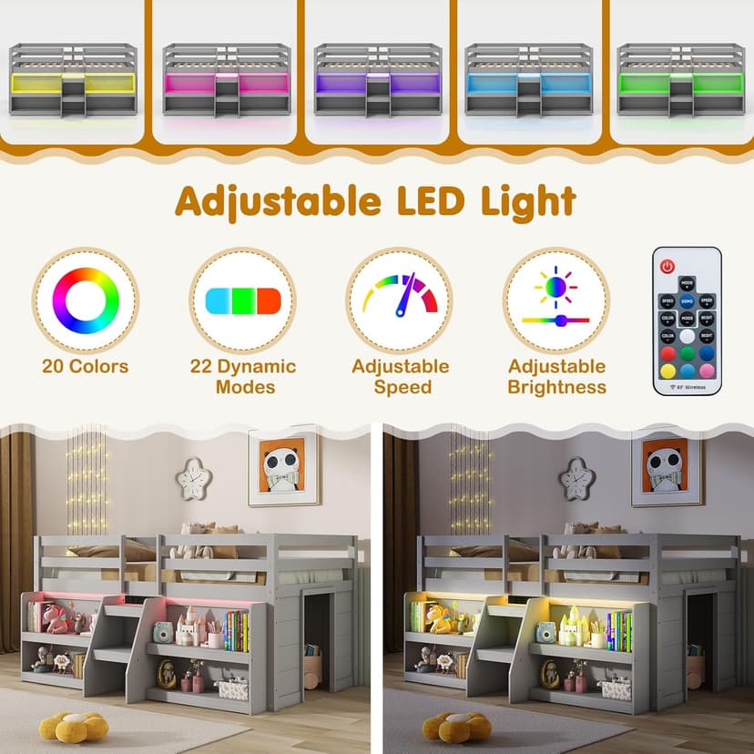 Giantex Low Loft Bed with LED Lights, Wooden Loft Bed Twin Size with Stairs & Safety Guardrail, Loft Bed for Kids with Storage Bookcase and Under-Bed Play Space, Grey