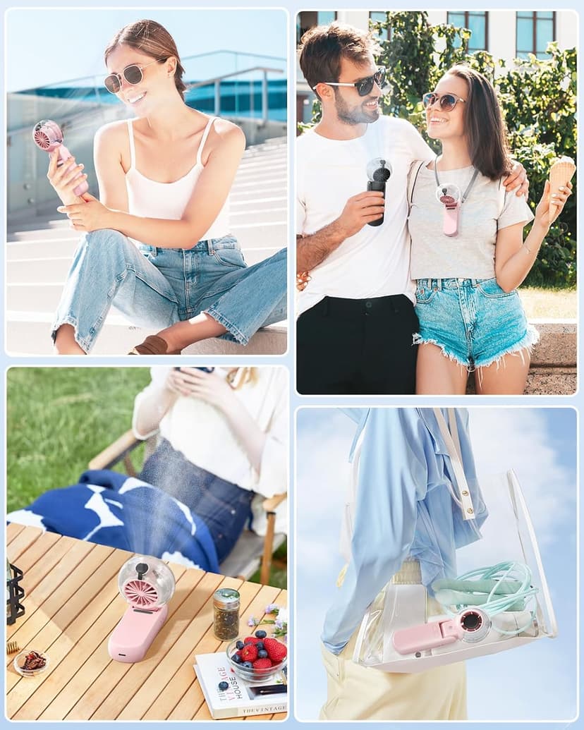 TriPole Misting Fan Portable Handheld Turbo Fan with Mist, LED Display, Neck & Desk Foldable High Speed Airflow Mini Fans, Rechargeable Personal Mister Fans with Water Spray Bottle for Outdoor Travel