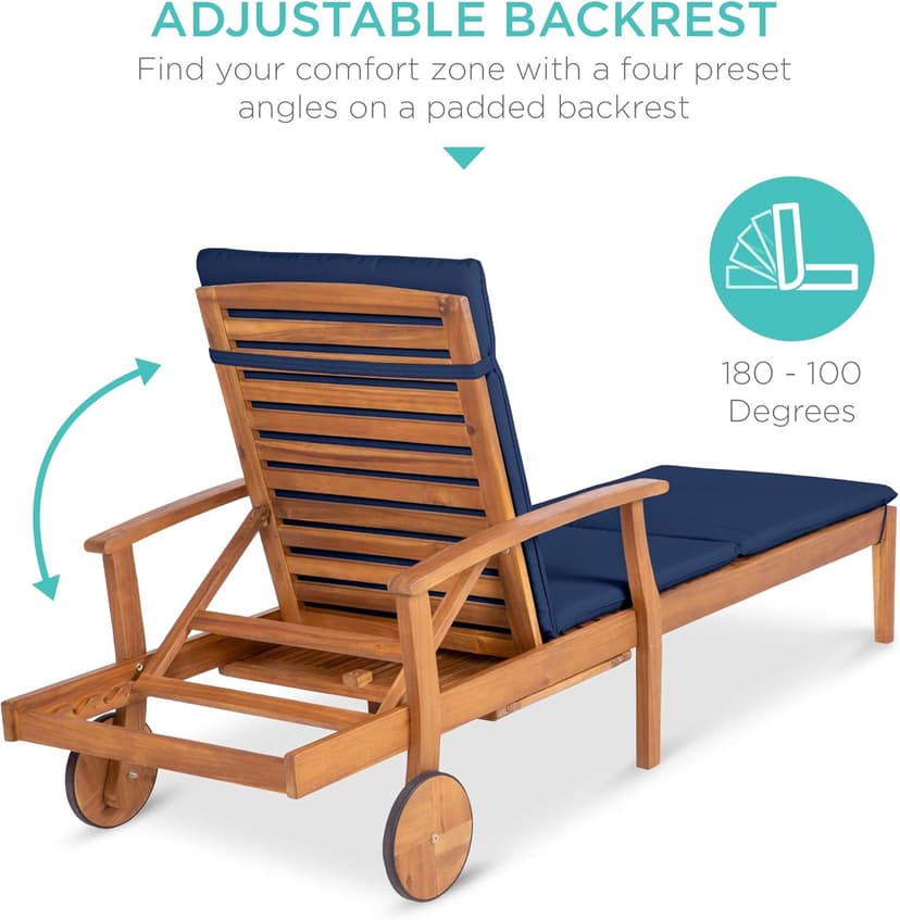 Best Choice Products 79x26in Acacia Wood Chaise Lounge Chair Recliner, Outdoor Furniture for Patio, Poolside w/Slide-Out Side Table, Foam-Padded Cushion, Adjustable Backrest, Wheels - Navy Blue
