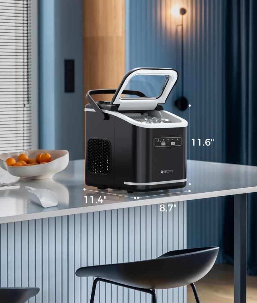 Ecozy Countertop Ice Maker, Portable, Self-Cleaning, 9 Bullet Ice Cubes in 6 Mins, 26lbs/24Hrs, Ice Maker Machine with Ice Bags, Handle, Standing Scoop and Basket, Black, IM-BS261C