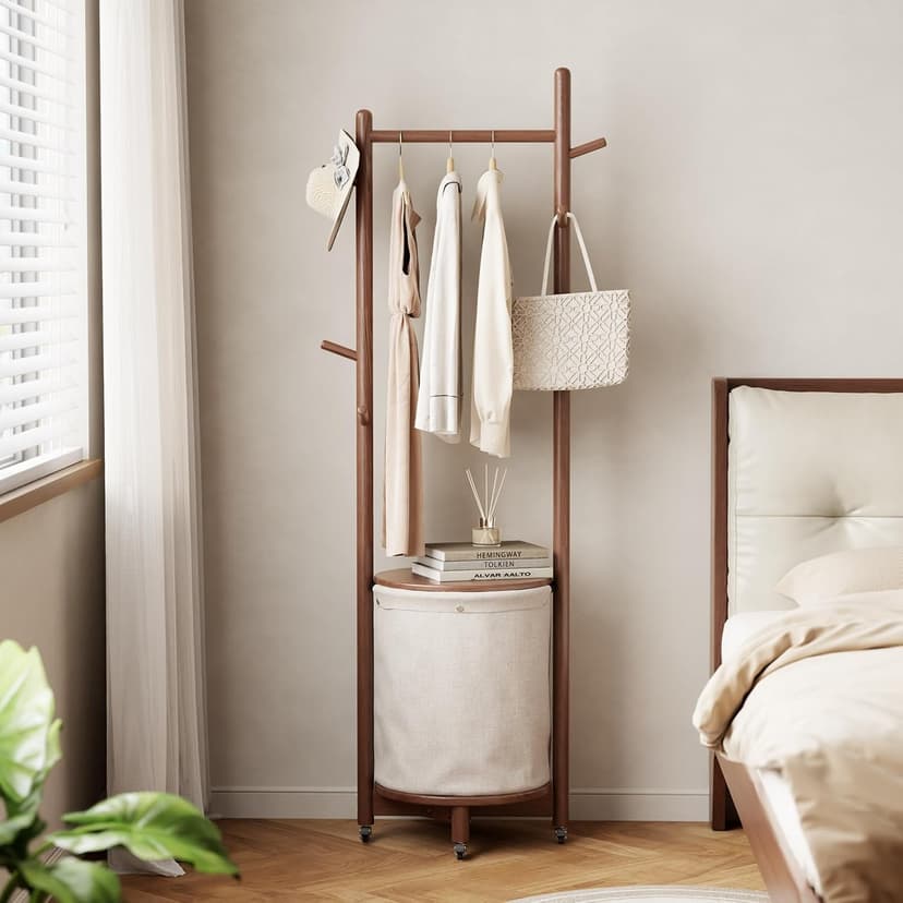 Solid Wood Coat Rack with Fabric Basket - Coat Hanger Stand Coat Tree Rack Freestanding with 9 Hooks Wheels, Small Clothes Rack For Entryway Bedroom Hallway Living Room