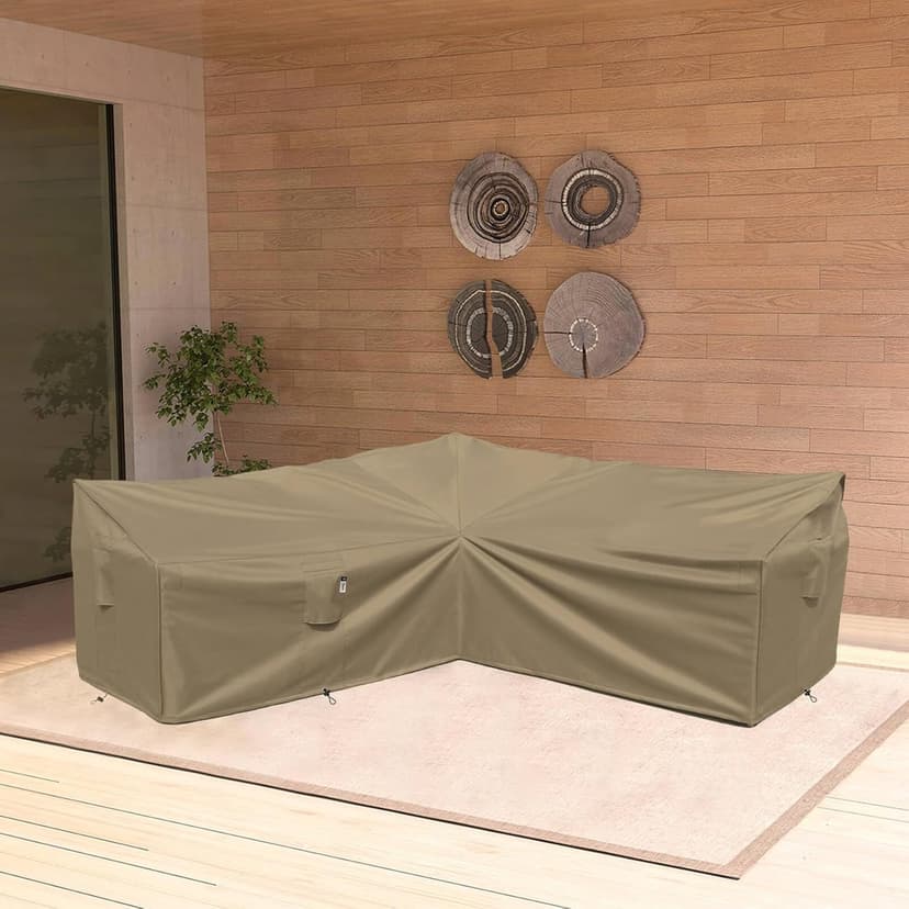 Heavy Duty Outdoor Sectional Sofa Cover, 85"X85" V-Shaped 5-Seater Waterproof 600D Patio Sectional Couch Cover, Lawn Patio Furniture Cover,Desert Khaki
