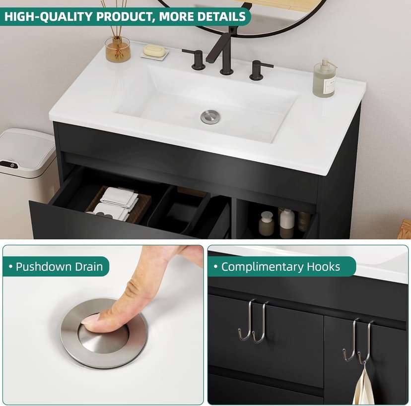 YITAHOME 36 Inch Bathroom Vanity with Sink, Bathroom Cabinet Vanity for Media Space, Freestanding Storage Bathroom Vanity with 1 Soft Closing Cabinet & 2 Drawers, Black