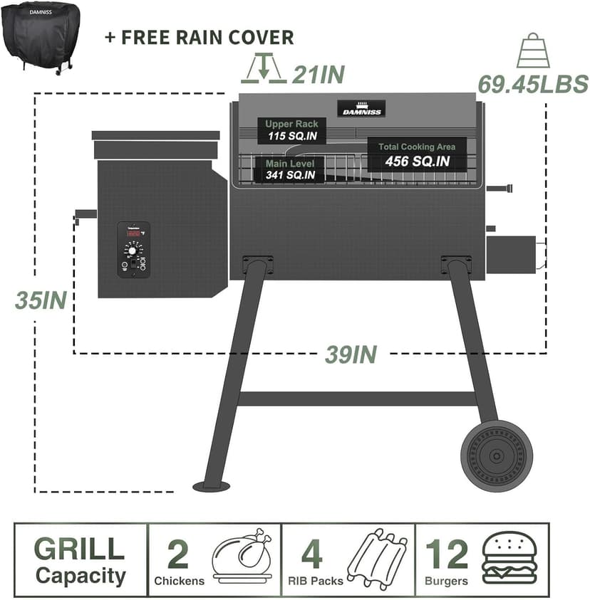 Grills DAPG-03 Electric Wood Pellet Smoker Grill, 456 SQ.IN Cook Area Pellet Grill with Auto Feed & PID Temperature Control (180-450°F), 8 in 1 BBQ Grill for Backyard Outdoor