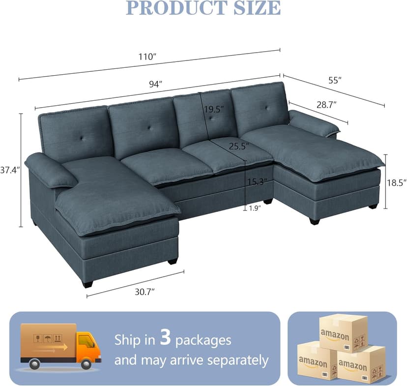 U Shaped Sectional Couch for Living Room,110" 4-Seater Comfy Couch with Double Chaise,Deep Seat Modular Sofa Couches with Thick Cushion & Soft Backrest,Dark Gray