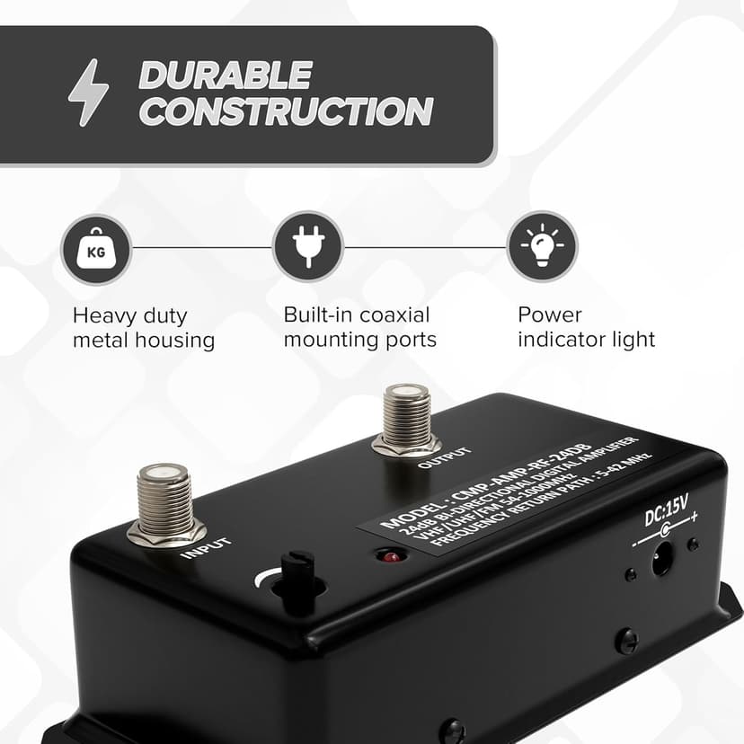 THE CIMPLE CO Antenna Amplifier, Digital TV Signal Booster, Adjustable Gain, 24 dB Distribution, NTSC, ATSC, FM, UHF, VHF, 1000 MHz, Includes RG6 Coaxial Cable