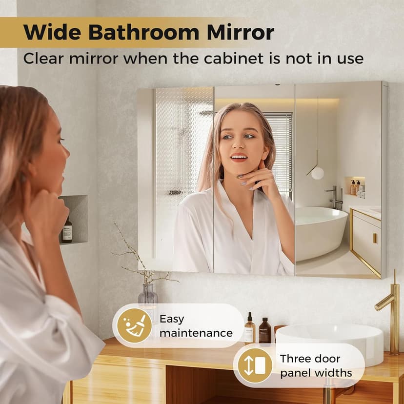 GOFLAME Medicine Cabinet with Mirror, Frameless Bathroom Wall Mounted Mirror Cabinet with 3 Doors and Adjustable Shelves, Bathroom Mirror with Storage, Recess or Surface Mount Installation