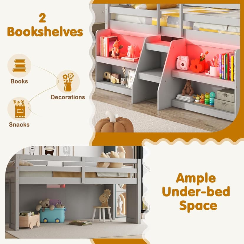 Giantex Low Loft Bed with LED Lights, Wooden Loft Bed Twin Size with Stairs & Safety Guardrail, Loft Bed for Kids with Storage Bookcase and Under-Bed Play Space, Grey