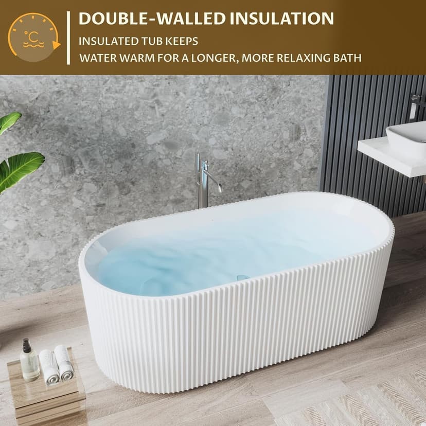 67" Free Standing Tub, Standalone Soaking Pleated Bathtub, Easy Install Freestanding Bathtub, Modern Design for Bathrooms, White