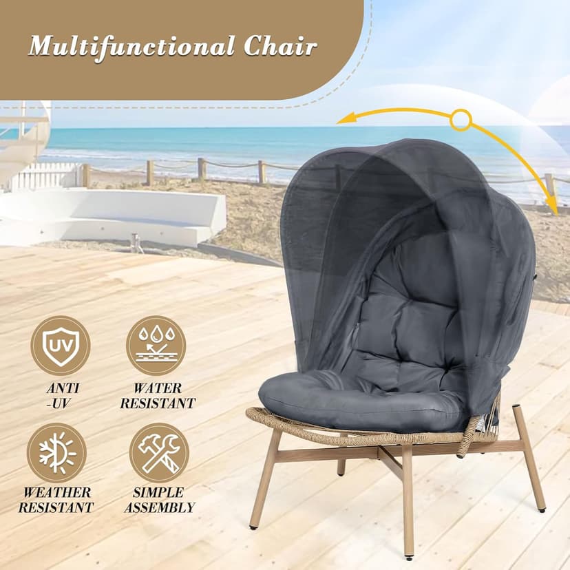 Athena Collection Rattan Egg Chair with Foldable Canopy, Patio Egg Chair Indoor Outdoor Lounge Egg Chair with Stand & Detachable Cushion for Garden, Porch, Backyard, Balcony, Gray