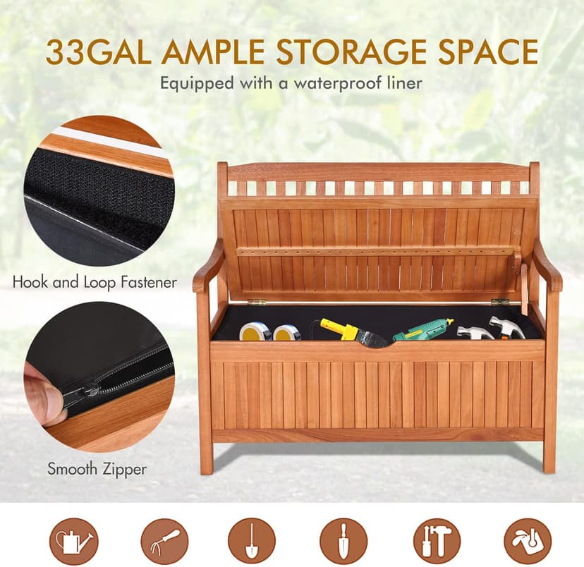 Safstar Outdoor Patio Bench with Storage Box, 33 Gallon Capacity, Wooden Frame, Eucalyptus Material, Natural Color, 42 x 23 x 35.5 Inches