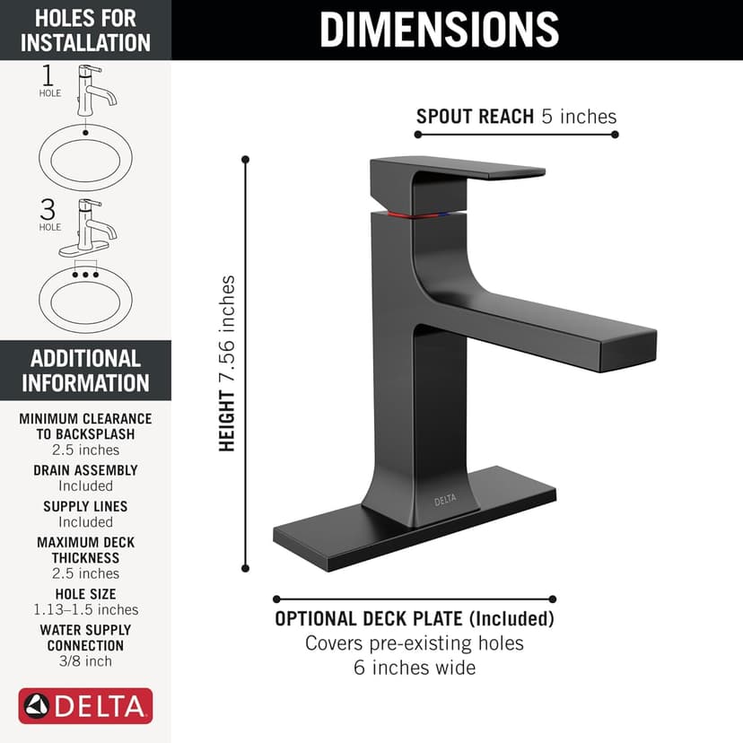 Delta Faucet Velum Single Hole Bathroom Faucet, Black Bathroom Sink Faucet, Single Handle Bathroom Faucet, Bath Faucet, Pop-Up Drain Assembly, Matte Black 537-BLMPU-DST