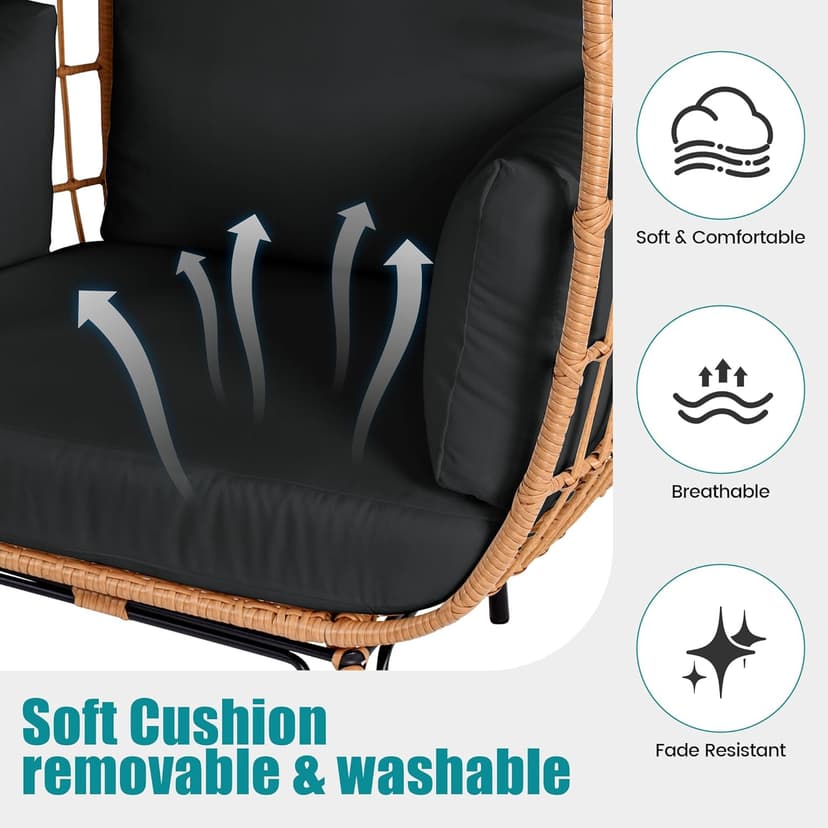 Outdoor Egg Chair, PE Wicker Chair with 4 Thicken Cushions, Patio Chairs 440 lbs Capacity, Oversized Balcony Chairs with Durable Steel Frame Perfect for Balcony, Backyard, Bedroom-Dark Black