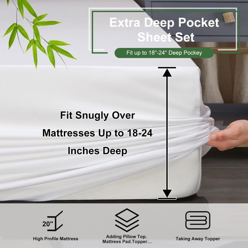 Ivellow Deep Pocket King Sheets, Rayon Derived from Bamboo, Extra Deep Pocket up to 18"-24", Hotel Luxury Cooling Sheets for King Size Bed, Silky Soft, Smooth, Breathable Bed Sheets White