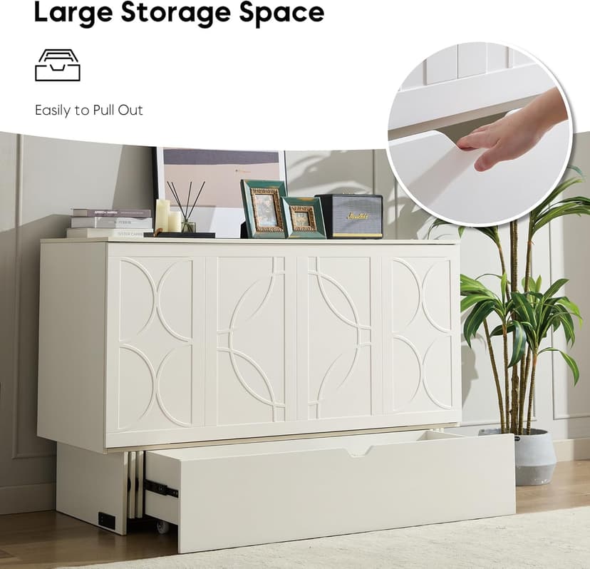 Queen Size Murphy Bed Cabinet with Charging Station & Storage Drawer, Wall-Mounted Tri-Fold Mattress Space Saver for Bedroom, Living Room, Office - White