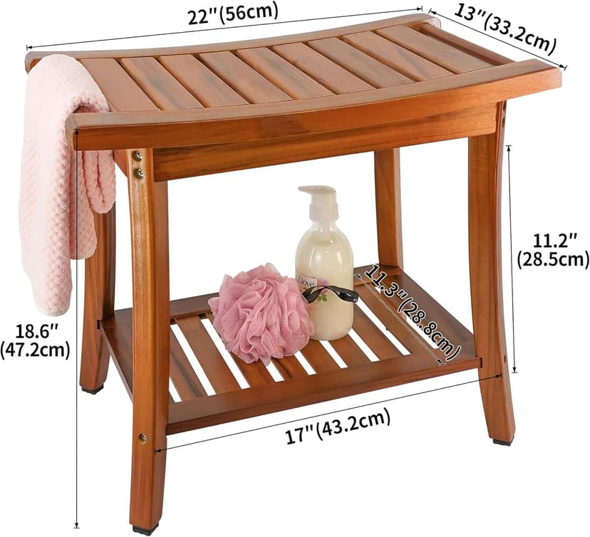 Utoplike Teak Shower Bench Seat with Handles, Portable Wooden Spa Bathing Stool with Storage Towel Shelf, 22" x 13" x 18.6", Perfect for Indoor and Outdoor Use