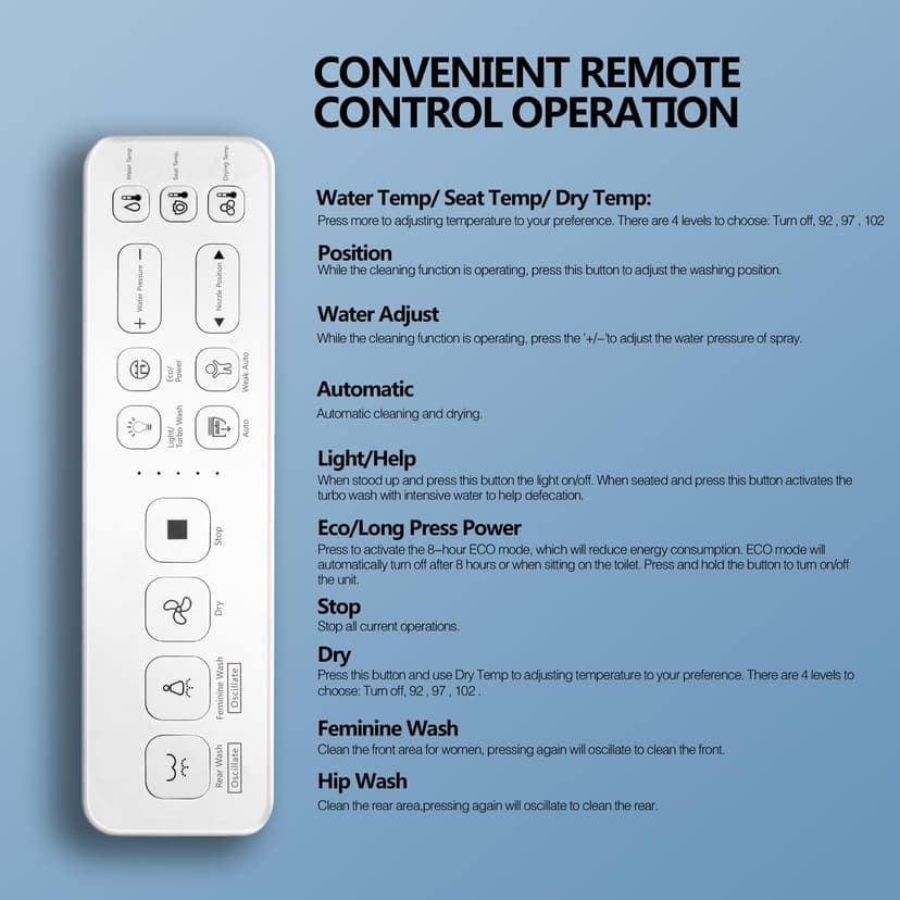 Upgrade Smart Bidet Toilet Seat Elongated, Electronic Heated Bidet with Adjustable Warm Air Dryer, Unlimited Warm Water, Night Light, Slow Closed Toilet Seat & Lid, Remote Control