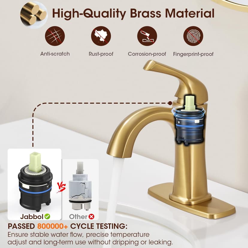 Brushed Gold Single Hole Bathroom Faucets, Single Handle Brass Bathroom Sink Faucet for 1 or 3 Holes, Vanity Faucet with Pop Up Drain and Supply Lines, Deck Plate