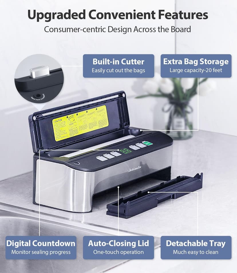PressFree TRUE-Auto Vacuum Sealer Machine, Beelicious 85KPA Fully Automatic 8-IN-1 Food Sealer with Bags Storage, Build-in Cutter, Moist Mode and Air Suction Hose | Digital Countdown | Sous Vide