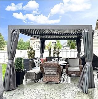 Domi Outdoor Louvered Pergola 10x13FT Full Aluminum Structure,Patio Rainproof Pergola with Two Independently Adjustable Roof for Backyard, Garden w/Curtains and Netting - Dark Gray