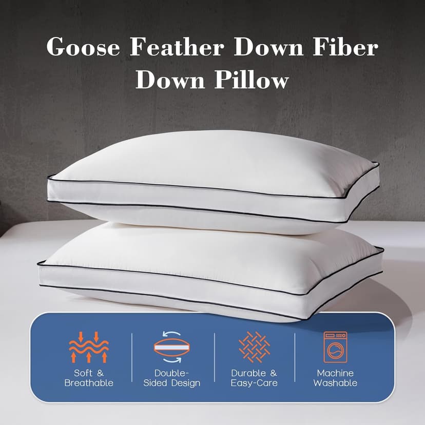 Decroom Goose Feather Down Pillows Queen Size Set of 2, Soft Pillows for Luxury Hotel Quality Gusseted Pillow 2 Pack, Bed Pillows for Sleeping, Breathable, Fluffy for Side, Back Sleepers