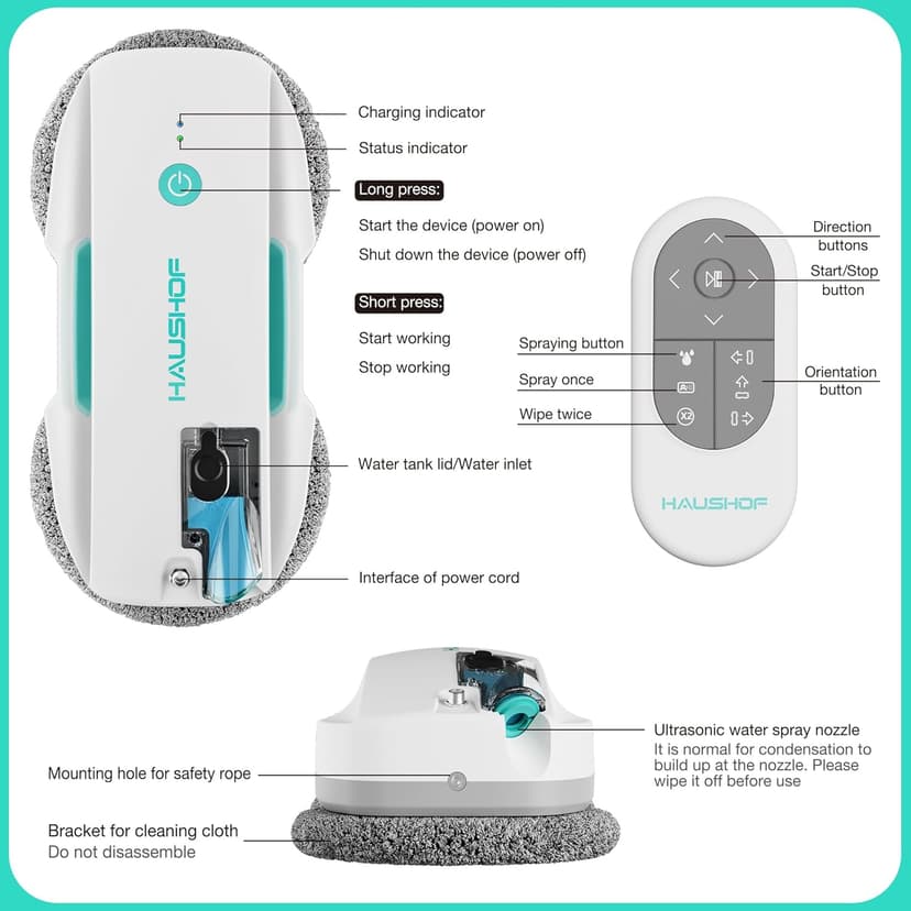 HAUSHOF Robot Window Cleaner with 3800Pa Suction, Auto Water Spray, AI Path Planning & Edge Detection, Remote Control for High-Rise Window, Glass Door