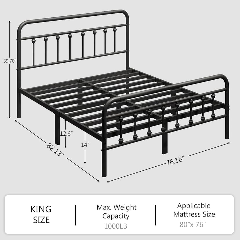 King Size Metal Platform Bed Frame/Victorian Style Headboard and Footboard/Steel Slat Support/Easy Assembly/No Box Spring Needed/Underbed Storage/Noise Free/Black