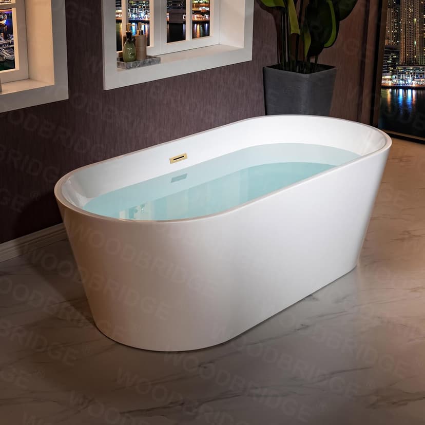 WOODBRIDGE 71" Acrylic Freestanding Bathtub Contemporary Soaking White Tub with Brushed Gold Overflow and Drain,B1701-BG