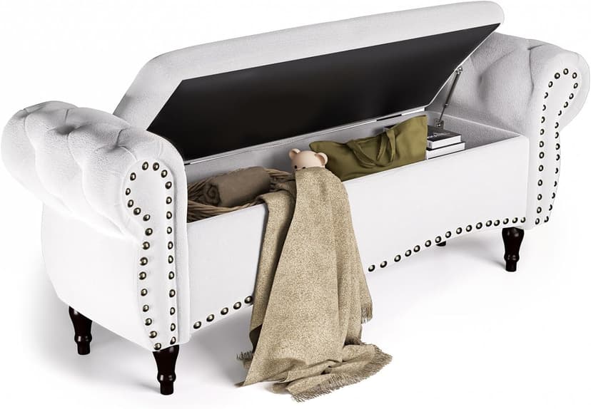 Storage Ottoman Bench, 53" Length Upholstered Bench & Ottoman with Safety Hinge, Tufted Bed Bench with Rolled Arm and Nailhead Trim, End of Bed Storage Bench for Bedroom, Living Room, Entryway