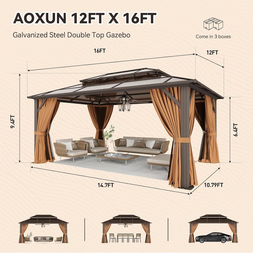 Aoxun 12'x16' Hardtop Gazebo, Aluminum Frame Permanent Pavilion with Netting and Curtains, Outdoor Polycarbonate Double Roof Canopy, Designed for Lawn, Garden, Patio (Brown)