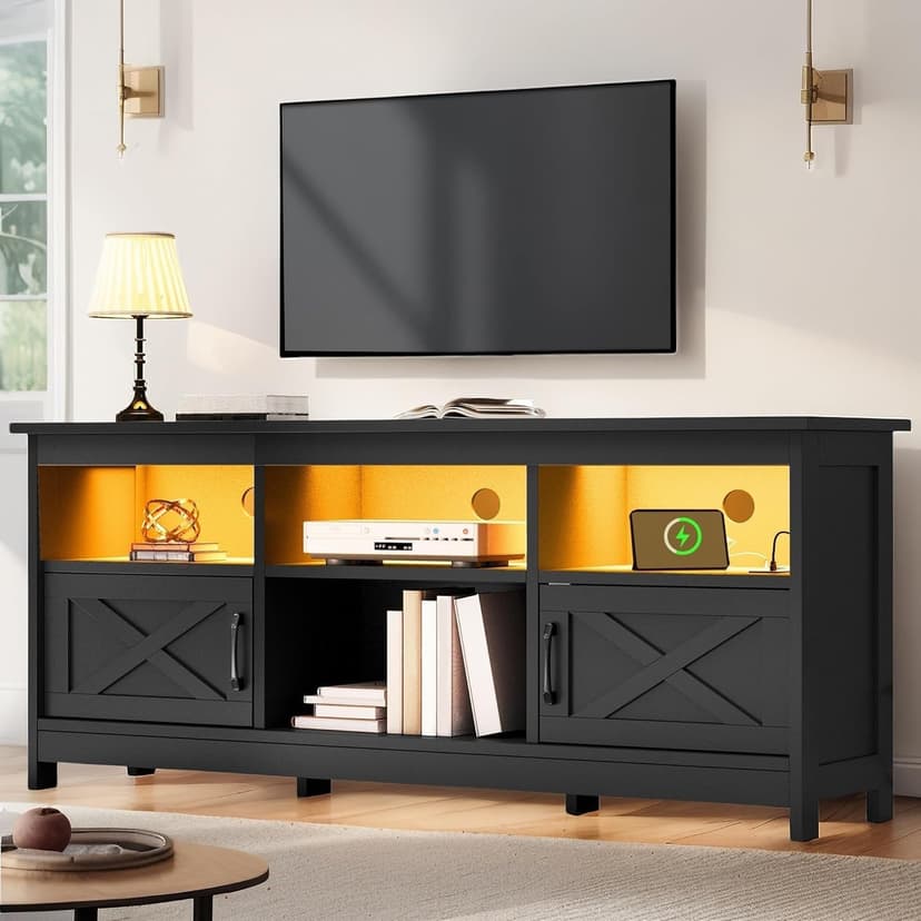 YITAHOME TV Stand for 65 Inch TVs, Entertainment Center with Storage Cabinets, Power Outlet & LED Light, Media Console Living Room Furniture, Black