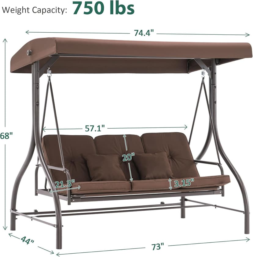 MCombo 3-Seat Outdoor Patio Swing Chair, 2-in-1 Convertible Porch Swing Glider Chair with Removable Cushions, Adjustable Canopy & Pillows for Backyard, Deck, Garden, 4068 (Brown)
