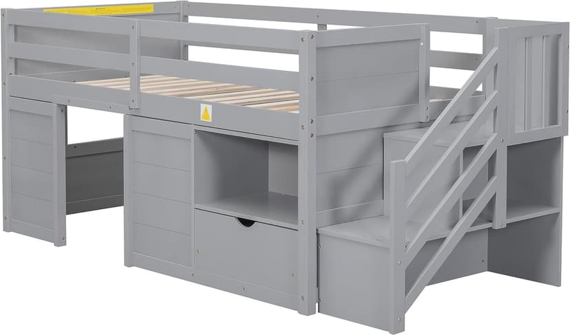 Bellemave Twin Size Low loft Bed for Kids,Wood Loft Beds,Modern Farmhouse Twin loft Bed,Loft Bed with Storage, No Box Spring Needed,for Kids,Gray