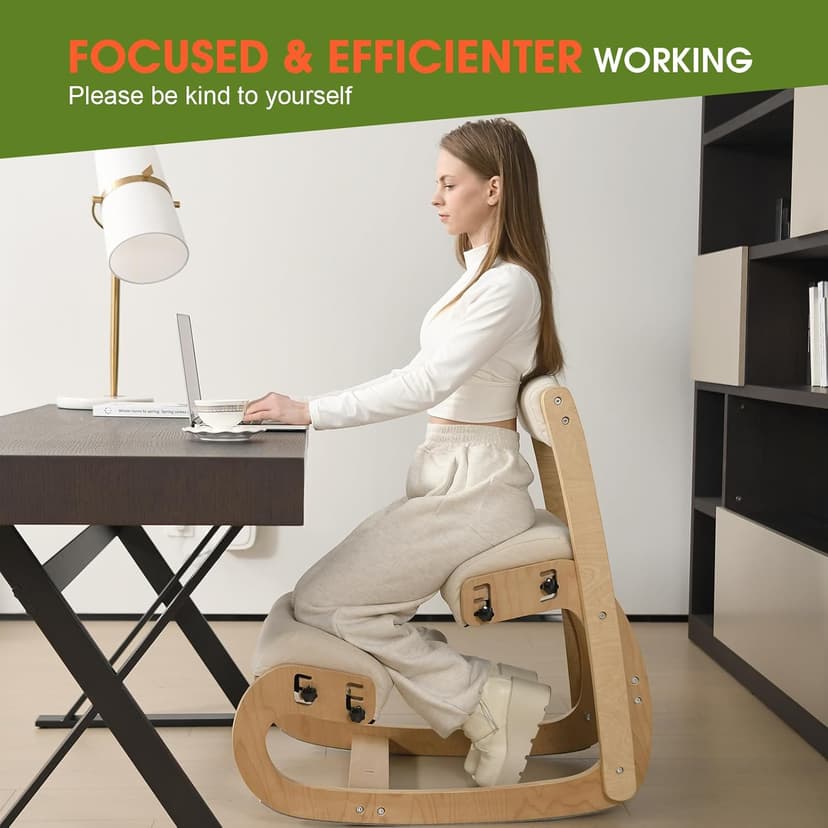 Ergonomic Kneeling Chair with Back Support,Kneeling Chair Improve Posture and Relife Back Pain,Soft Memory Arc-Pad and Wood Adjustable Height Rocking Knee Chairs,Ideal for Office Home Desk,Natual