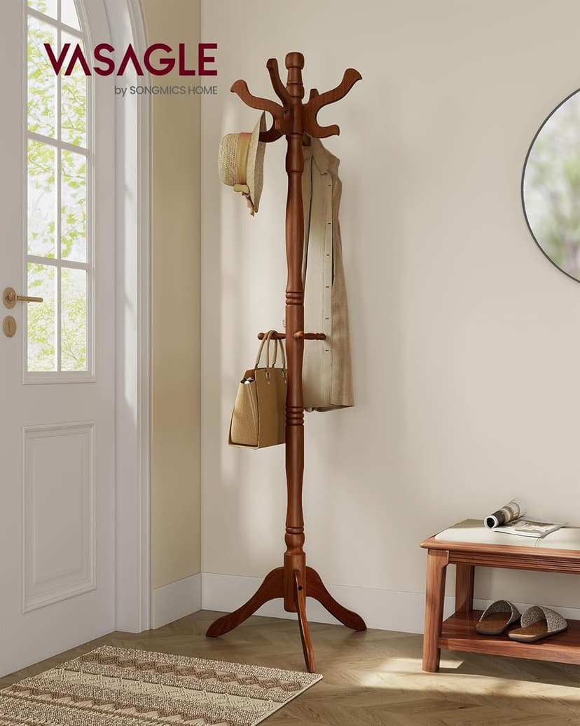 VASAGLE Coat Stand, Solid Wood Freestanding Coat Rack with 11 Hooks, Hall Tree for Bags, Purses, Hats, for Entryway, Hallway, Rubberwood, Caramel Brown URCR05WN
