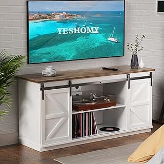 YESHOMY Farmhouse TV Stand and Entertainment Center for Televisions up to 65 Inchs, with Sliding Barn Doors and Storage Cabinets, Console Table and Media Furniture for Living Room, 58 Inch, Milk White