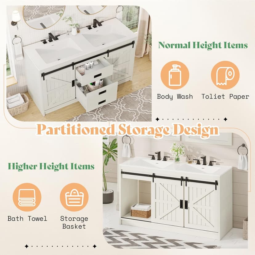 AMERLIFE 61" Farmhouse Double Bathroom Vanity with Sink Combo, Dual Basin Bathroom Storage Cabinet with Sliding Barn Doors & Drawers, Large Double Bath Vanity Sink Set, Rustic White