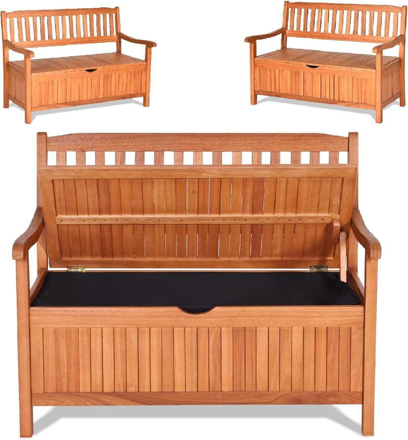 Safstar Outdoor Patio Bench with Storage Box, 33 Gallon Capacity, Wooden Frame, Eucalyptus Material, Natural Color, 42 x 23 x 35.5 Inches