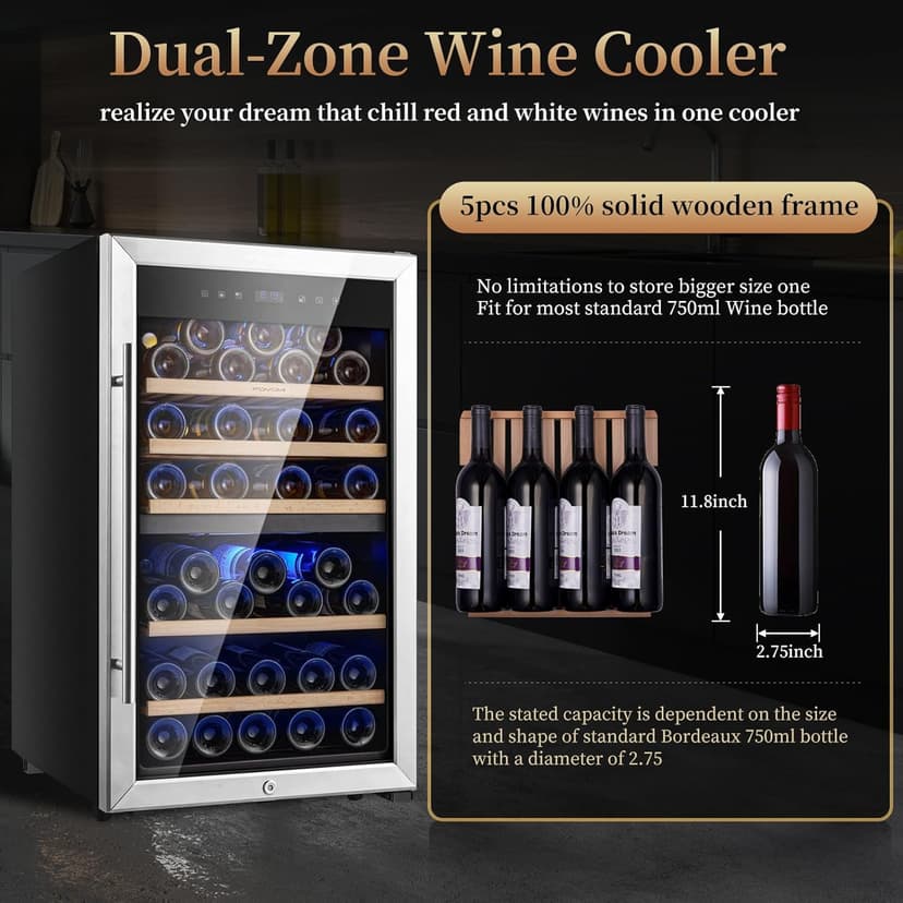 Wine Refrigerators,52-bottle Wine Fridge Cooler Freestanding Wine Refrigerator,(Bordeaux 750ml) Dual Zone Compressor Wine Cellar Chiller
