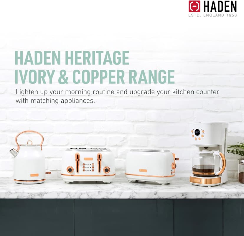 Haden Coffee Machine, 12 Cup Programmable Drip Coffee Maker with Auto Shut-Off Function and Reusable Washable Water Filter, Ivory & Copper