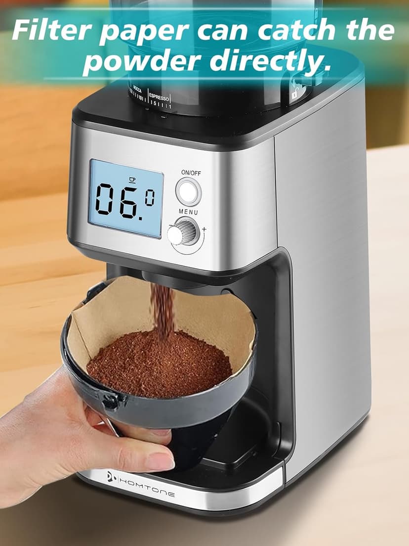 Homtone Conical Burr Coffee Grinder, Anti-Static Electric Espresso Grinder with 51 Precise Settings, Adjustable for 2-12 Cups, 120V Clog-Free, Digital Display Stainless Steel