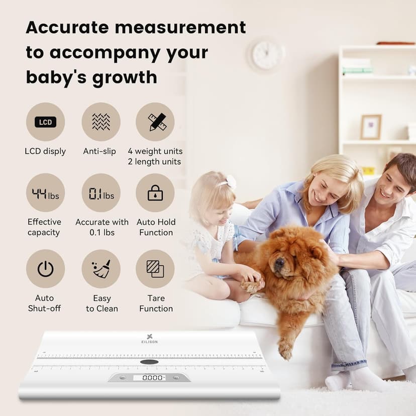 EILISON Baby Scale with Height Measuring - Digital Weight Scale for Infants, Toddlers & Pets - 0.1-44 lbs, Tare Function, Hold Feature, Accurate Baby Weighing Scale for Growth Tracking (White)