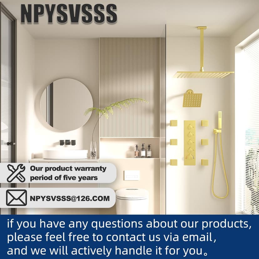 Thermostatic Shower System Dual Shower Heads with 16" Ceiling Mounted Rain Shower Head & 6" Wall Mounted Head 4 Function Shower System with body jets Can All Run Together, Brushed Gold