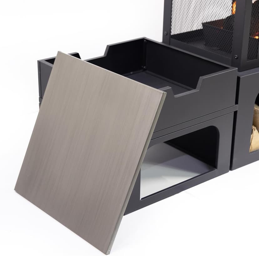 70 Inch Rectangular Outdoor Steel Woodburning Fireplace with Side Tables - Integrated Log Storage and Log Poker