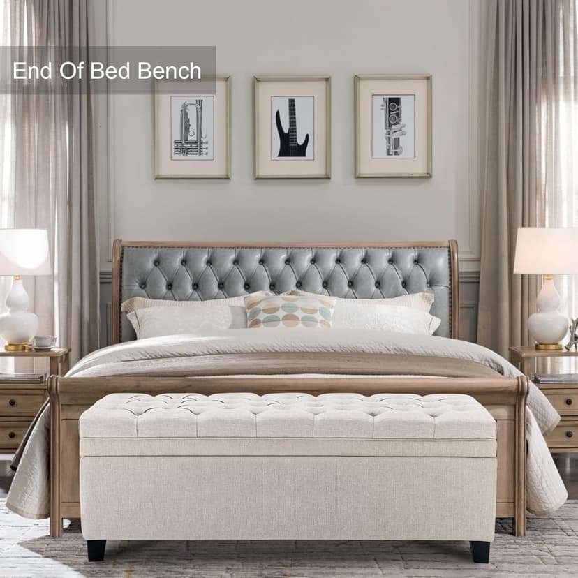 50 Inch Fabric Storage Ottoman, End of Bed Bench with Large Storage, Modern Upholstered Tufted Bench with Wood Legs, Beige
